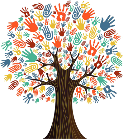 Tree With Colorful Hand Prints - Non Profit (395x446)