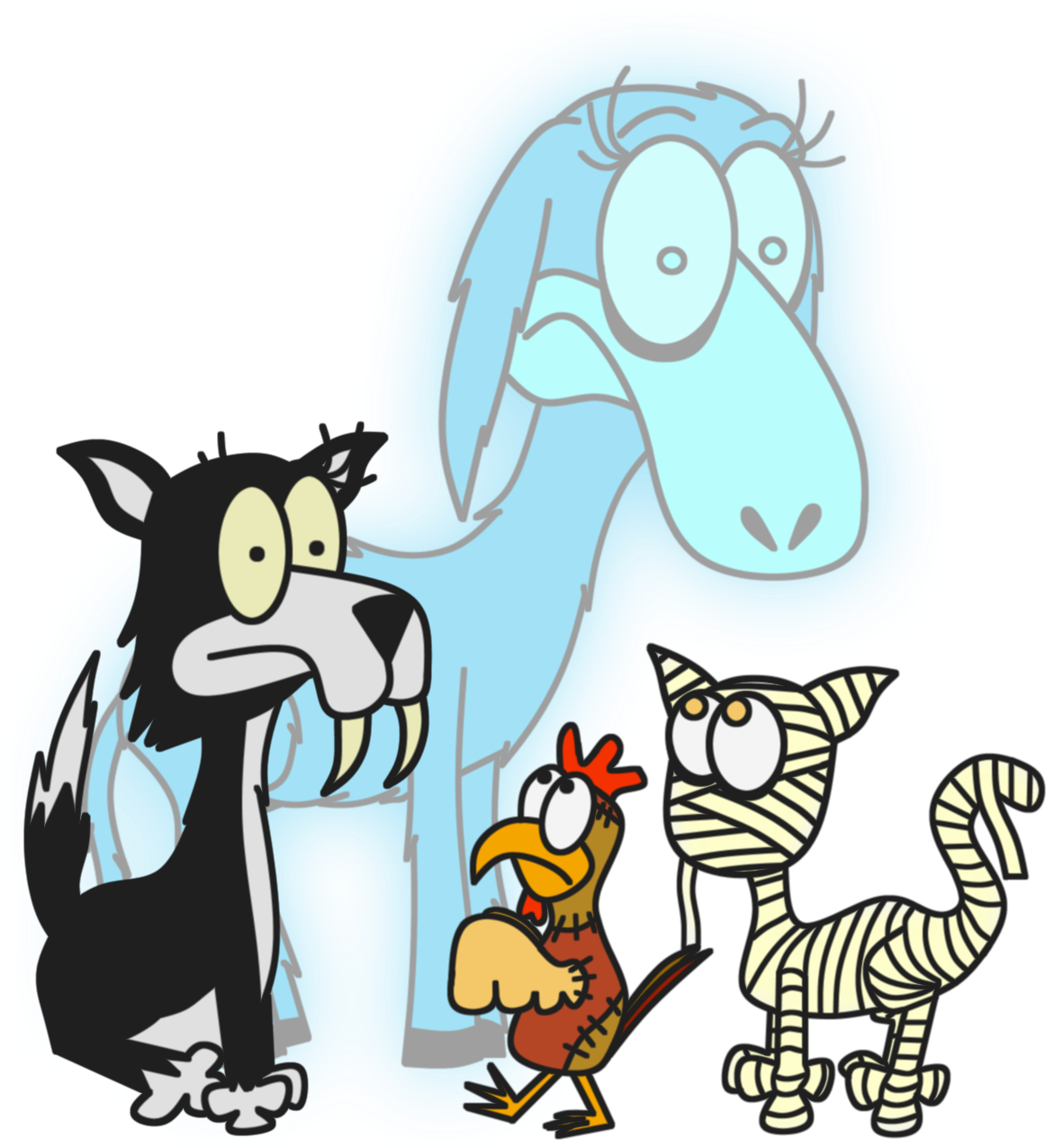 A Group Of Four Undead Animals Look For Their Place - Cartoon (1333x1485)