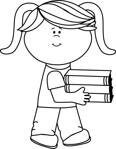 Black And White Little Girl Carrying A Stack Of Books - Bring Clipart Black And White (388x500)