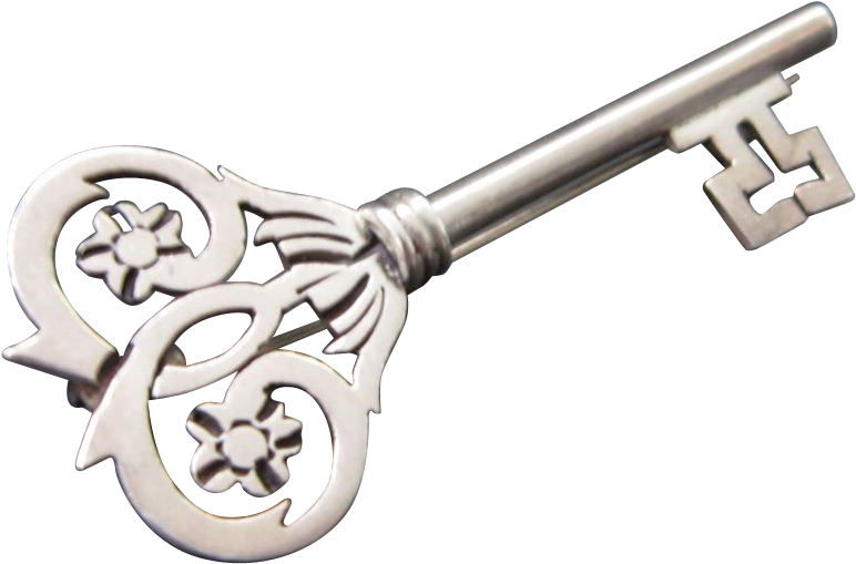 Vintage Sterling Silver Taxco Key Brooch / Pin - Silver Key Png (771x771)