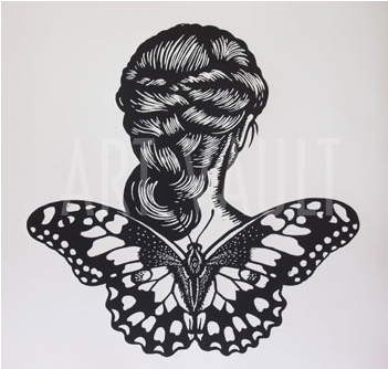 Chequered Swallowtail Winged Woman - Deborah Klein Linocut (500x500)