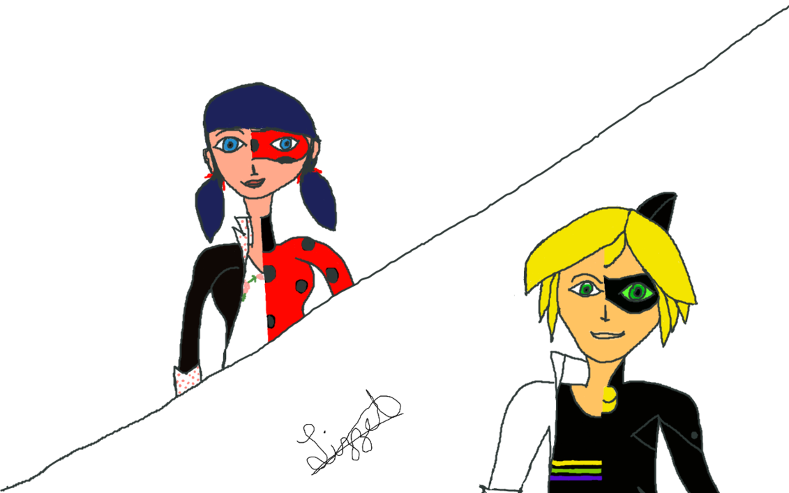 Marinette/ladybug And Adrien/chat Noir By Lariasrhor - Marinette E Adrien Fanart (1131x707)