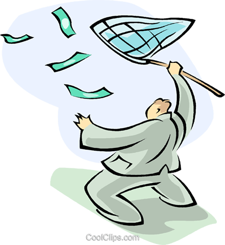 Man With Butterfly Net Chasing Money Royalty Free Vector - Profit (441x480)