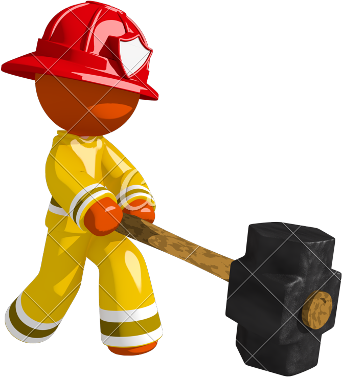Orange Man Firefighter Hitting With Sledge Hammer - Firefighter (747x800)