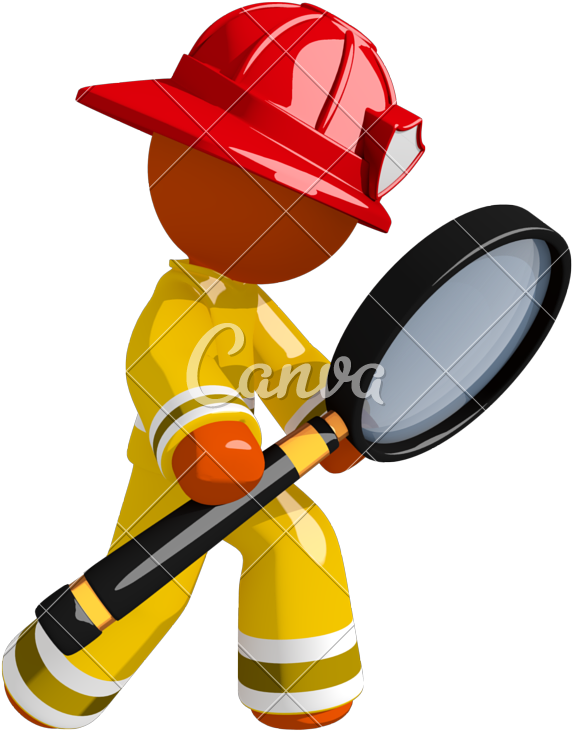 Orange Man Firefighter Using Giant Magnifying Glass - Magnifying Glass (653x800)