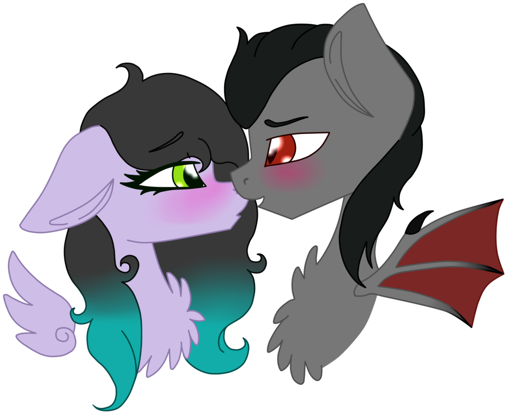 Okimichan, Bat Pony, Bust, Female, Kissing, Male, Mare, - Cartoon (1024x848)