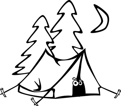 Camping Tent Eyes Trees Moon Night Cartoon - Camping Tent Clipart Black And White (389x340)