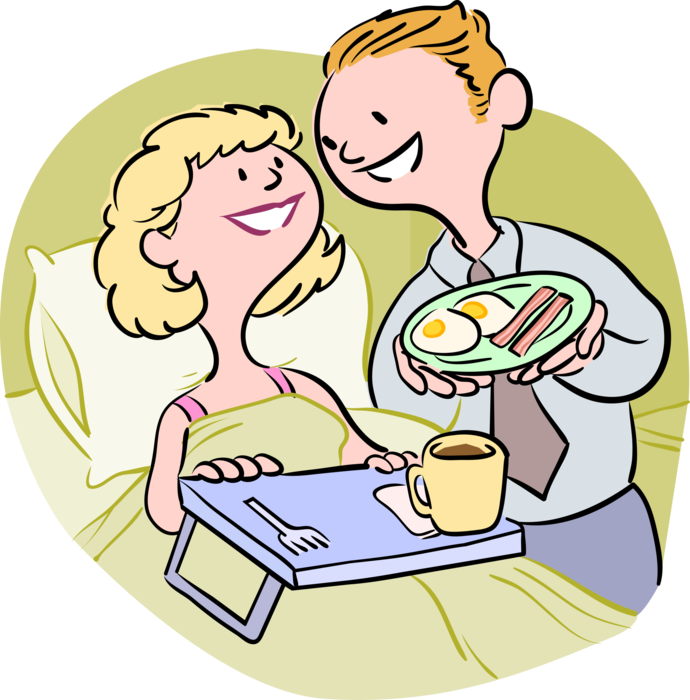 Vector Illustration Of Husband Serves Wife Bacon And - Breakfast In Bed Cartoon (690x700)