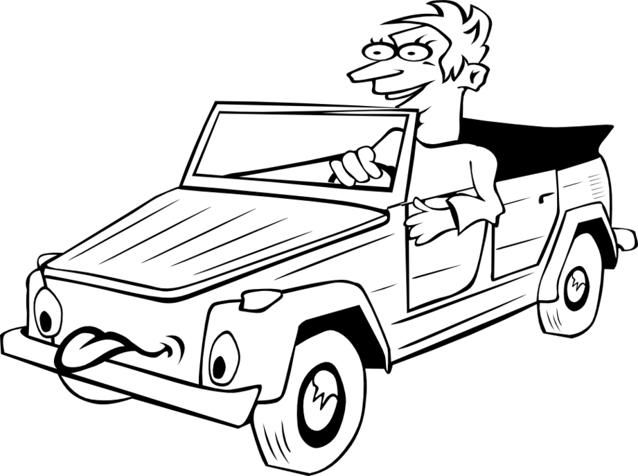 Boy Driving Car Cartoon 1 Black White Line Art Tatoo - Drive A Car Drawing (1006x750)