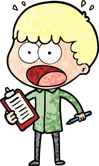 Cartoon Shocked Man With Clipboard And Pen - Drawing (329x550)