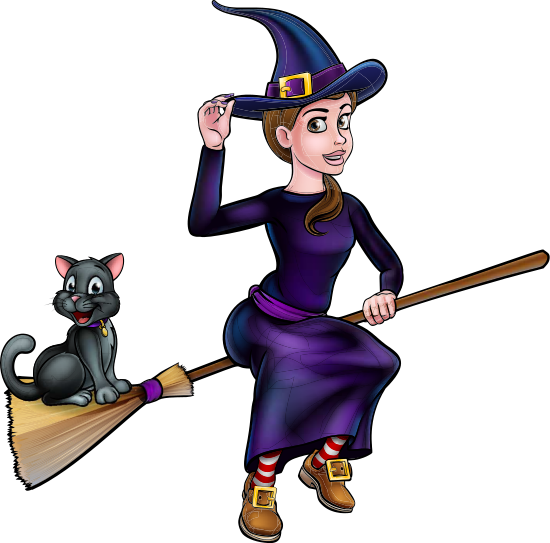 Witch And Cat Flying On Broomstick - Witch (550x543)