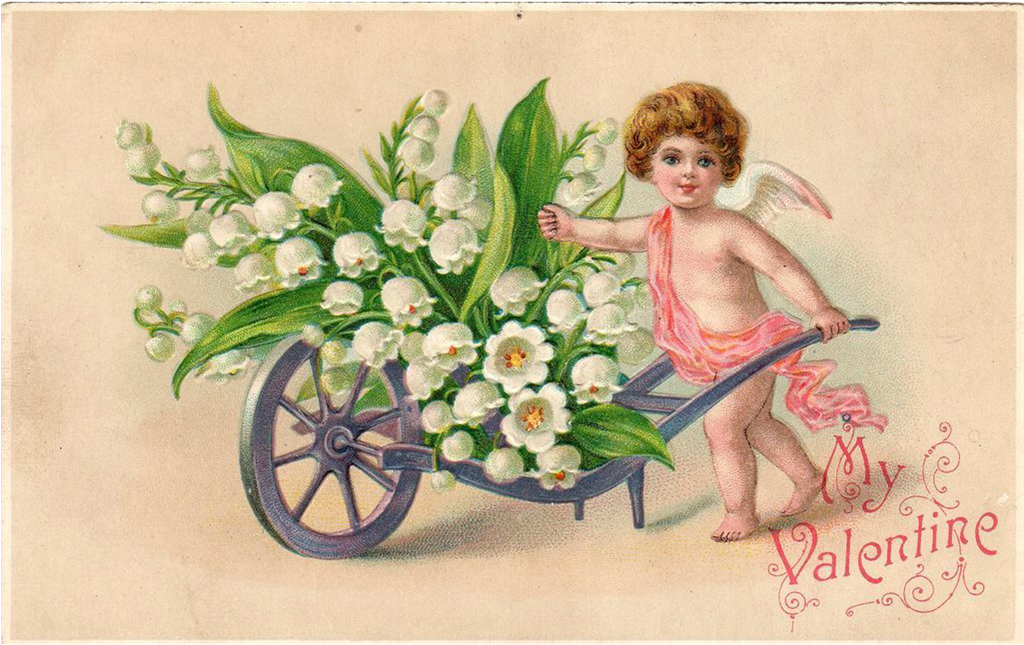 Cupid With Wheelbarrow Of Lilies Of The Valley Vintage - Vintage Valentine Cards (1023x1023)