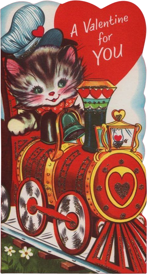 Vintage 1960's Unsigned Kitty Engineer Train Valentine - Valentine's Day (883x883)