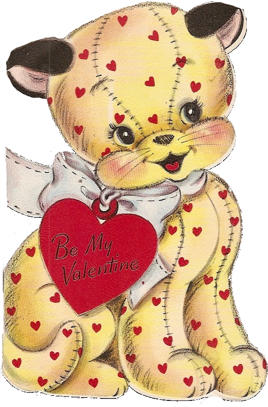 Vintage Valentine Animal Clipart - Kitsch Cutie Cute Retro Valentines Puppy Kitten Printed (570x841)