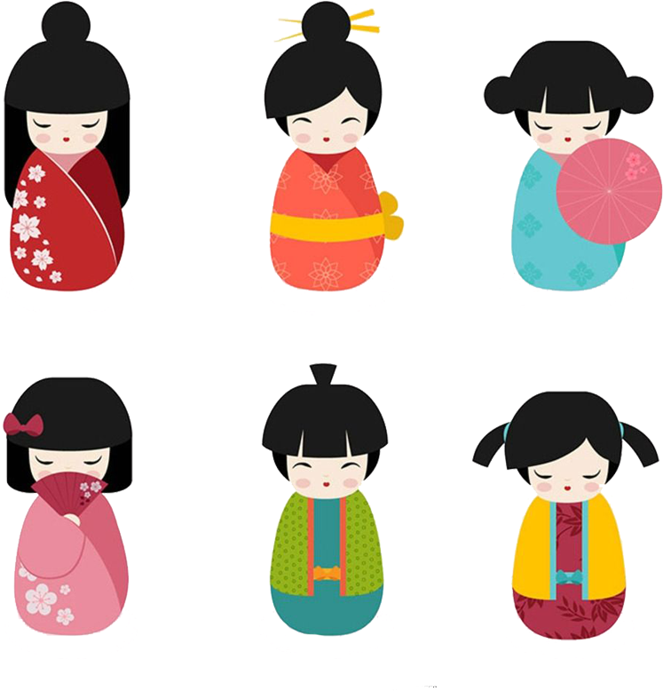 Japanese Dolls Kokeshi Clip Art - Kimono Cartoon (1024x987)