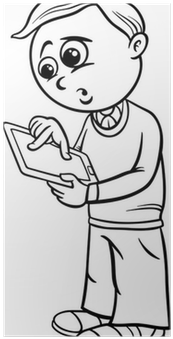 Grade School Boy Cartoon Coloring Page Poster • Pixers® - Niño Con Una Tablet Para Colorear (400x400)