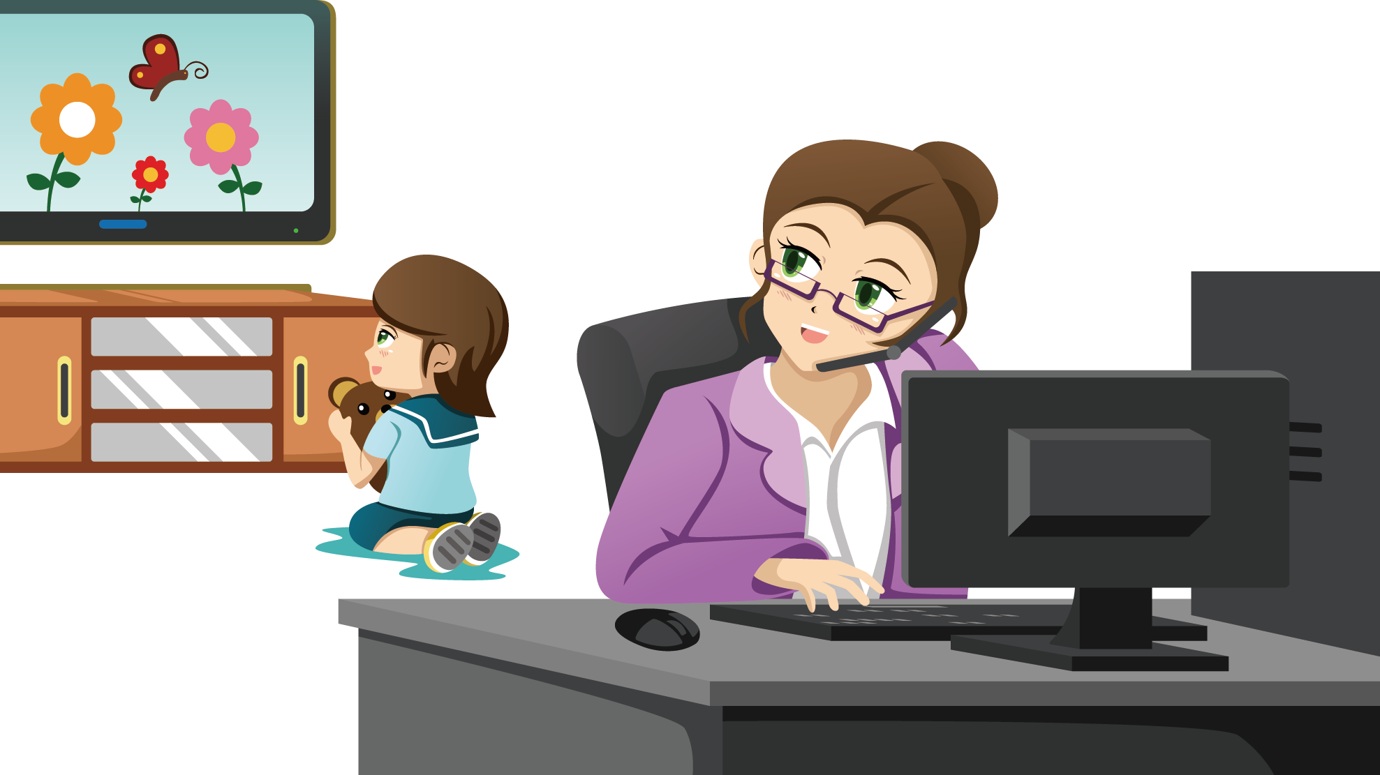 Mother Working Parent Clip Art Watching Tv At Home - Mother Working In Office (1977x1111)