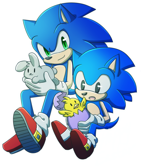 Sonic And Classic Sonic With Flickies - Cartoon (500x643)