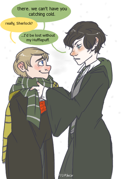 Sharing Scarves Is Cute By *lycorise On Deviantart - Hufflepuff And Slytherin Couple (474x641)