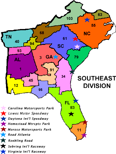 Scca Sedivmap - Map Of The Southeast Region (400x546)