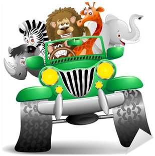 Geep Con Animali Selvaggi Cartoon-savannah Wild Animals - Animals On Safari Jeep Cartoon (400x400)