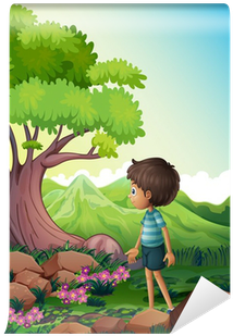 A Boy Near The Giant Tree In The Forest Wall Mural - Safari Dieren Boom Muurstickers (400x400)
