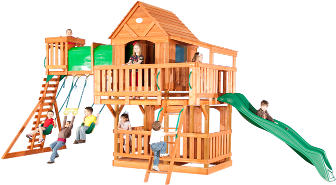 Woodridge Ii Wooden Swing Set - Wood Playset With Tunnel (676x383)