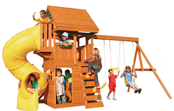 Fancy Cedar Summit Playset Made Of Wood In Double Tier - Grandview Deluxe Cedar Wooden Playset (600x400)