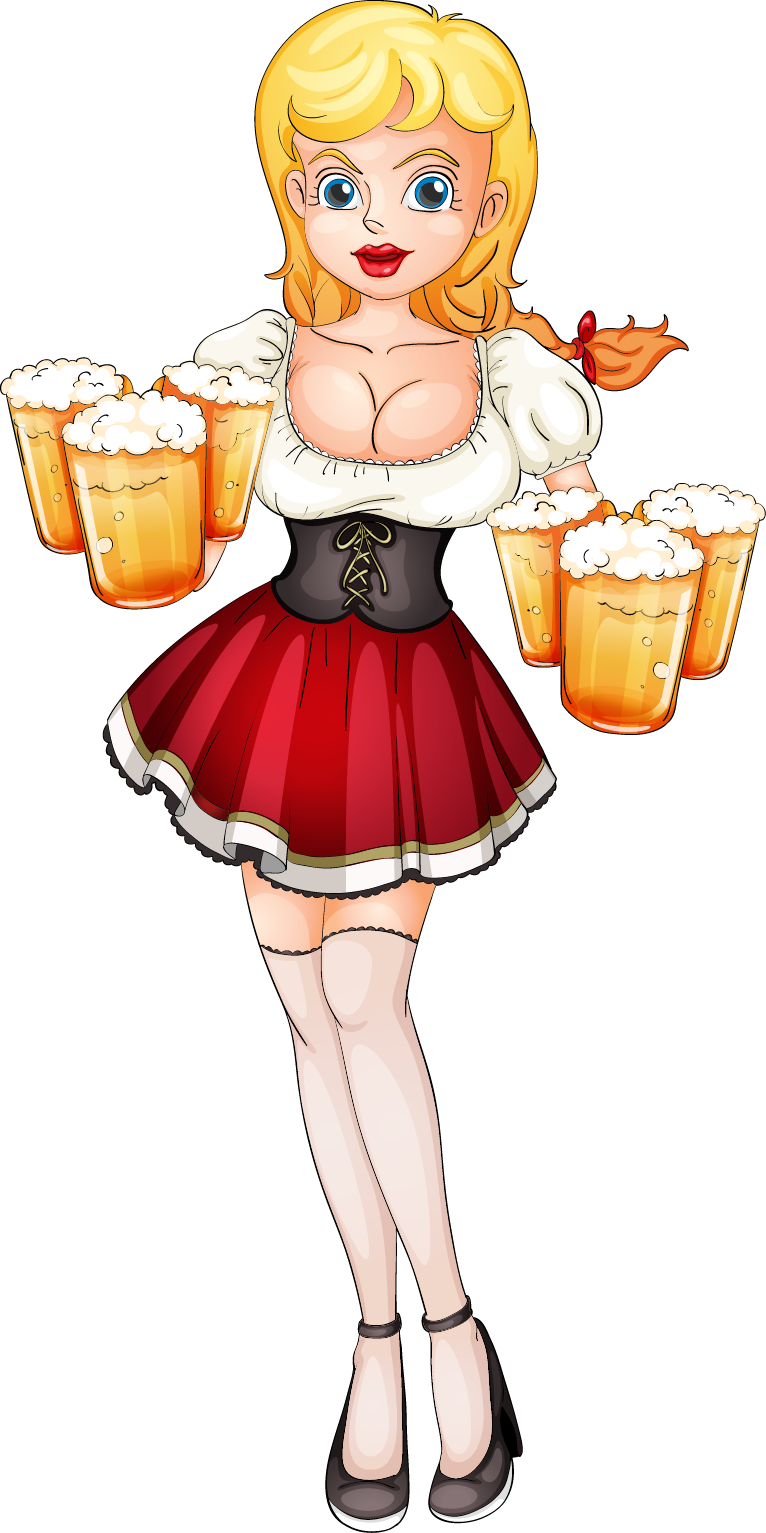 Oktoberfest Beer Cartoon Illustration - Illustration Of A Waitress With Six Oval Ornament (766x1533)