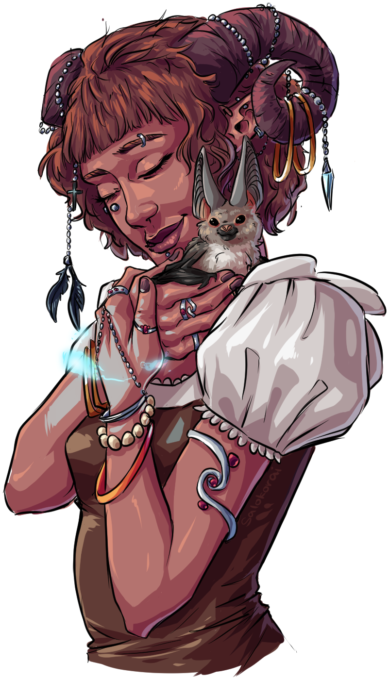 [art] Tiefling Arcane Trickster And Her Pet - Pet Bat Dnd (927x1470)
