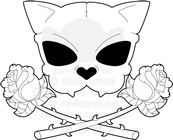 Cat Skull And Crossed Roses Tattoo By Pai - Cat Skull And Crossbones Tattoo (600x560)