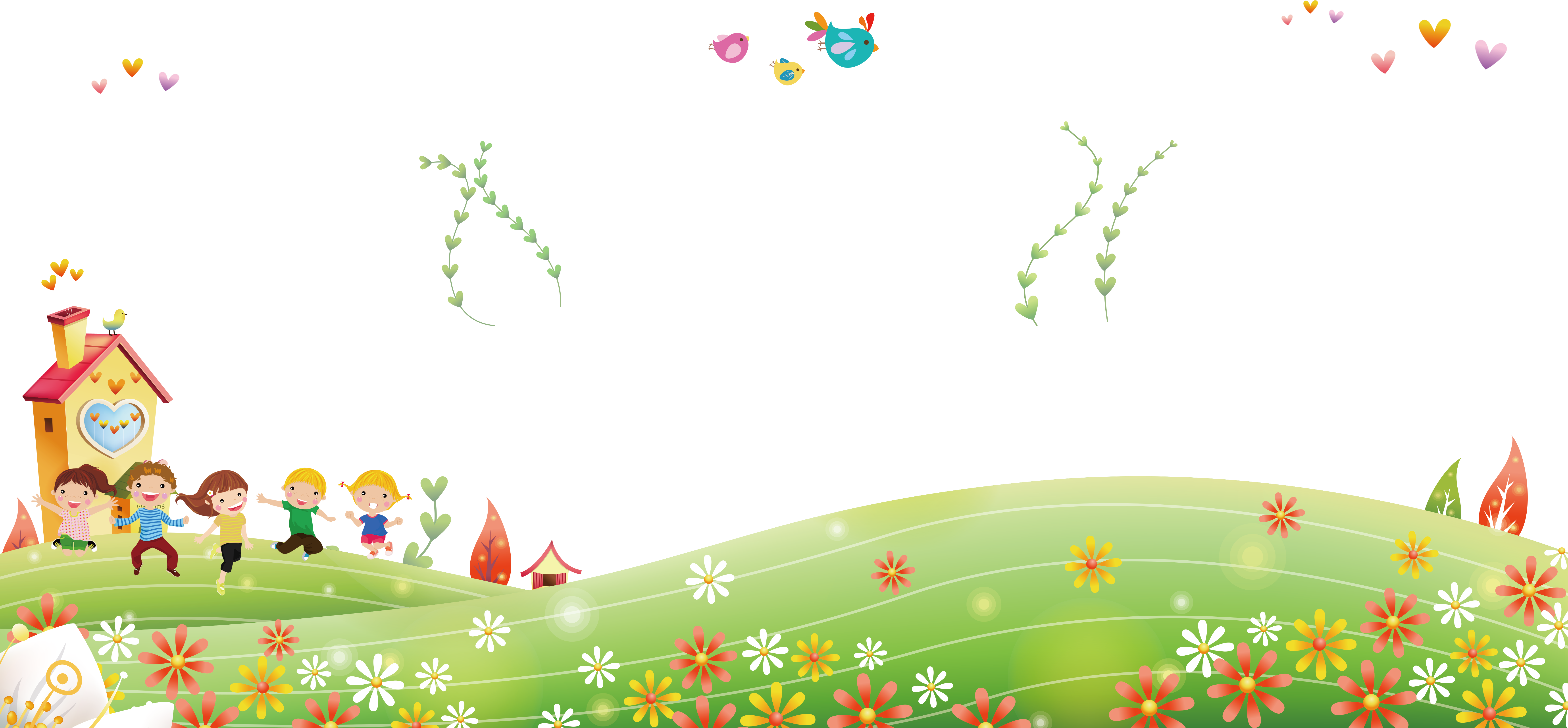 Cartoon Children Outside The Suburbs To Enjoy The Scenery - Children Cartoon Background (7087x3288)