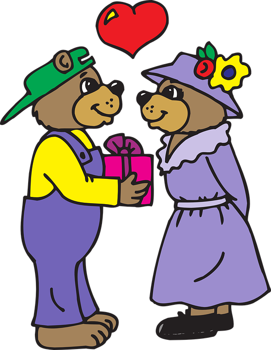 Romance Cartoon, Heart, Love, Gift, Bear, Bears, Romance - Giving A Gift Clipart (558x720)