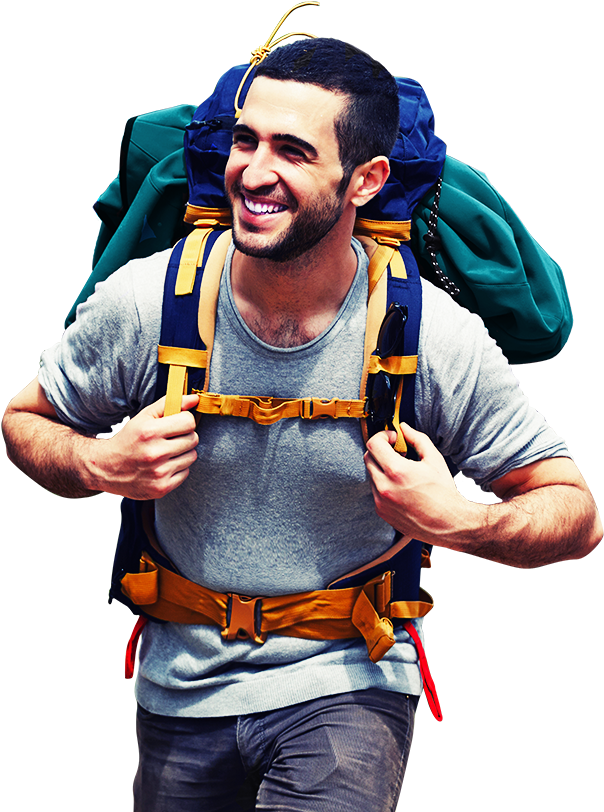 Man In With A Hiking Backpack - Man Backpack Png (810x814)