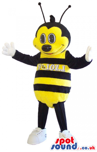 Yellow And Black Bee Insect Mascot With A Big Head - Boy Spotsound Ltd Mascot Costume Wearing A Yellow T-shirt (600x600)
