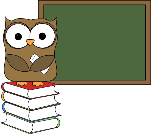 Owl With Books And Chalkboard Clip Art - Owl Teaching Clip Art (597x528)
