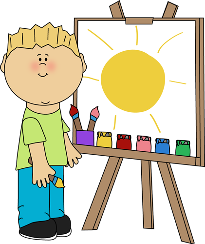 Boy Painting On An Easel - Kids Art Clipart (421x500)