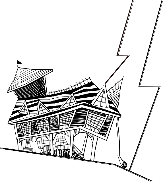 Lightning Haunted, House, Building, Spooky, Halloween, - Crooked House Clipart (573x640)