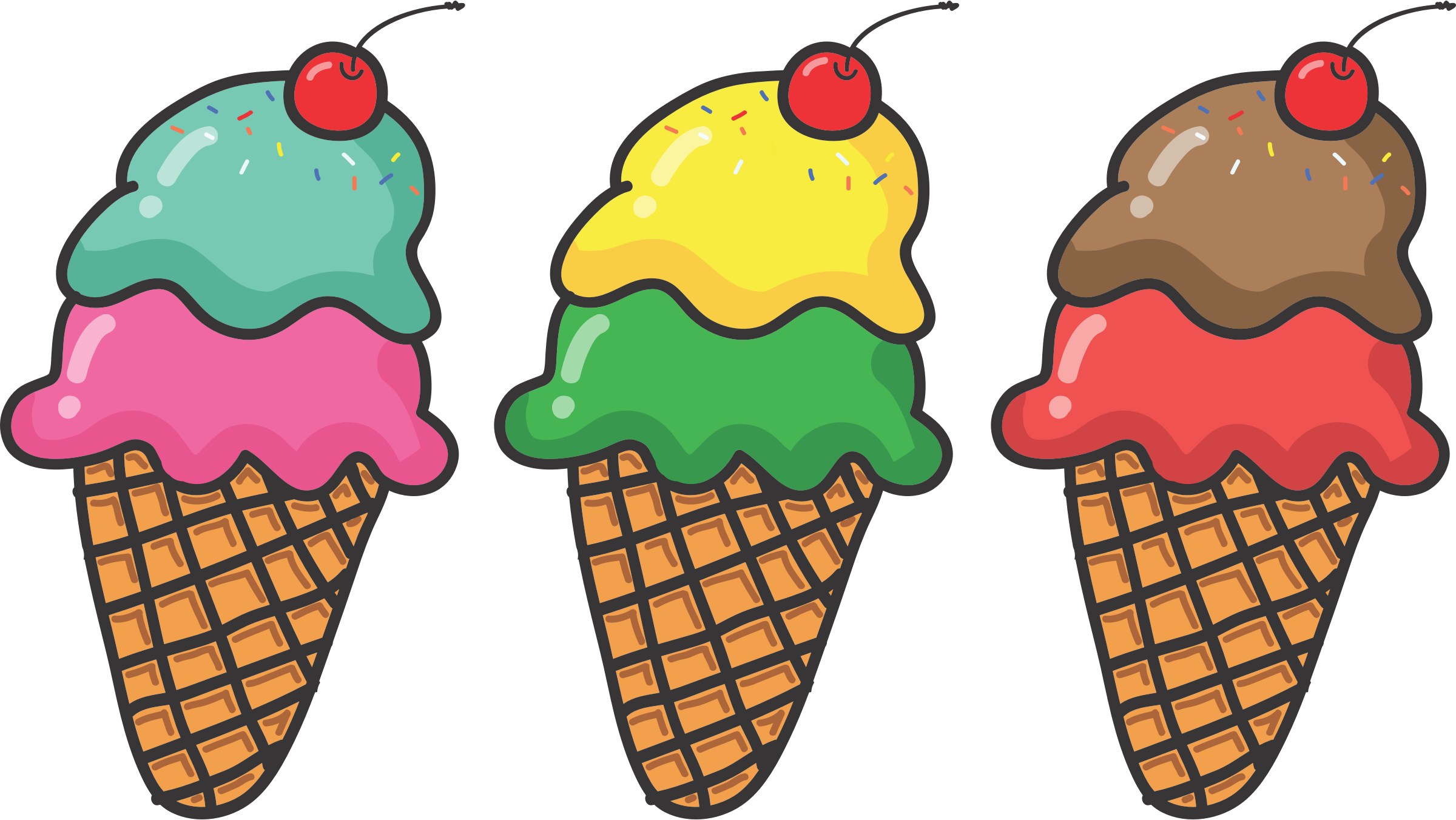 Three Ice Cream Cones - Ice Cream Cone Clip Art (2400x1352)