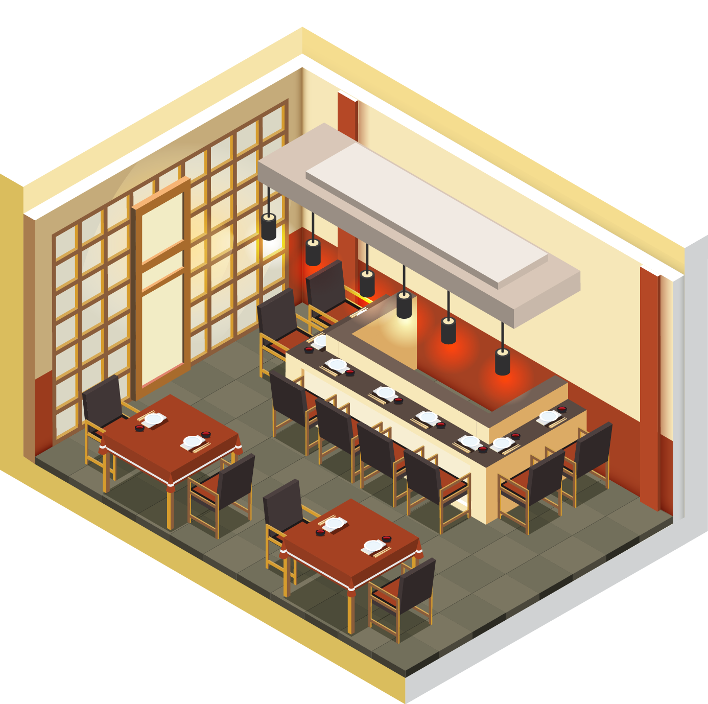 Japanese Cuisine Sushi Restaurant Isometric Projection - Isometric Restaurant (1386x1378)
