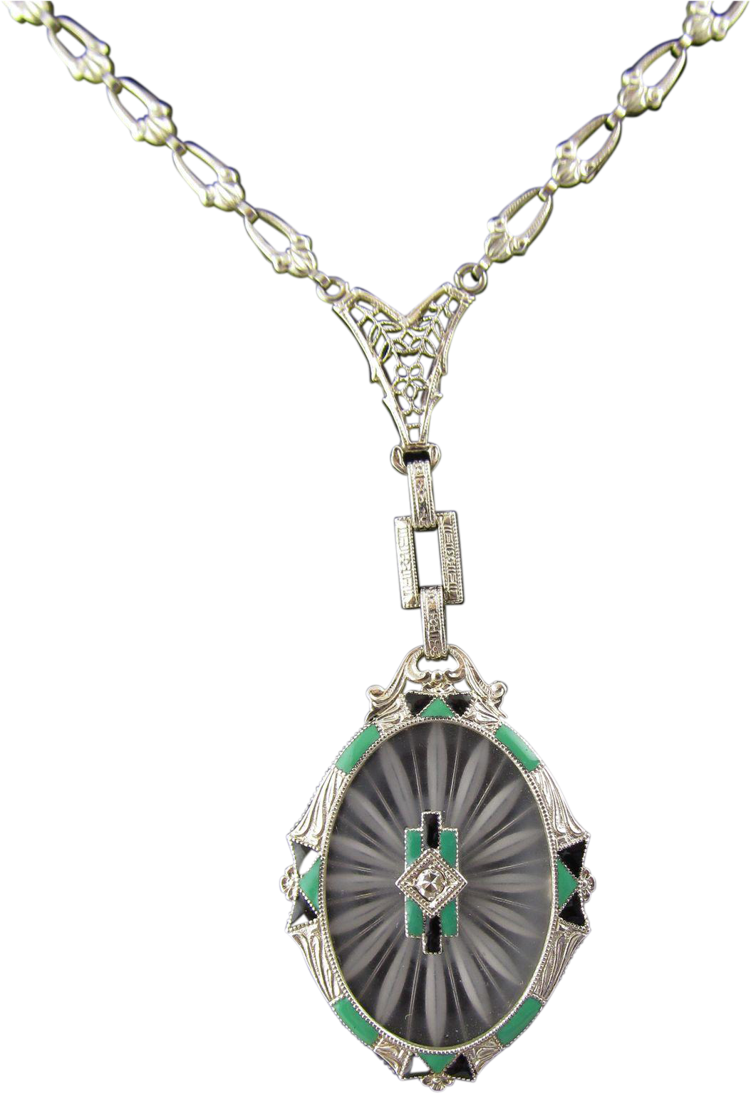 1920's Art Deco Enamel Camphor Glass Necklace, 14 Karat - 1920's Art Deco Enamel Camphor Glass Necklace, 14 Karat (1534x1534)