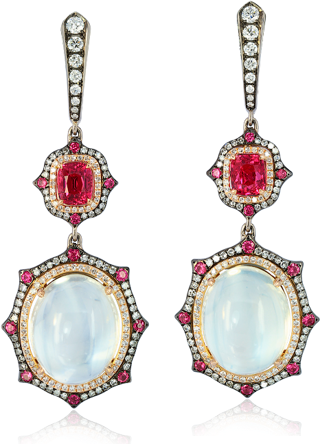 Moonstone, Red Spinel And Diamond Earrings - Bijou (1000x667)