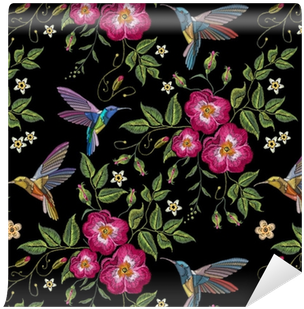 Embroidery Humming Bird And Wild Roses, Dogrose Flowers - Embroidery (400x400)