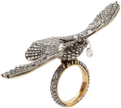 Munnu Diamond & Ruby Bird Ring Yellow Gold And Oxidized - Locket (384x640)