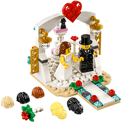 빙빙 돌아가는 신랑신부, 황금빛 결혼반지, 꽃, 빨간색 하트, 케이크, - Lego Wedding Set 2018 (600x450)