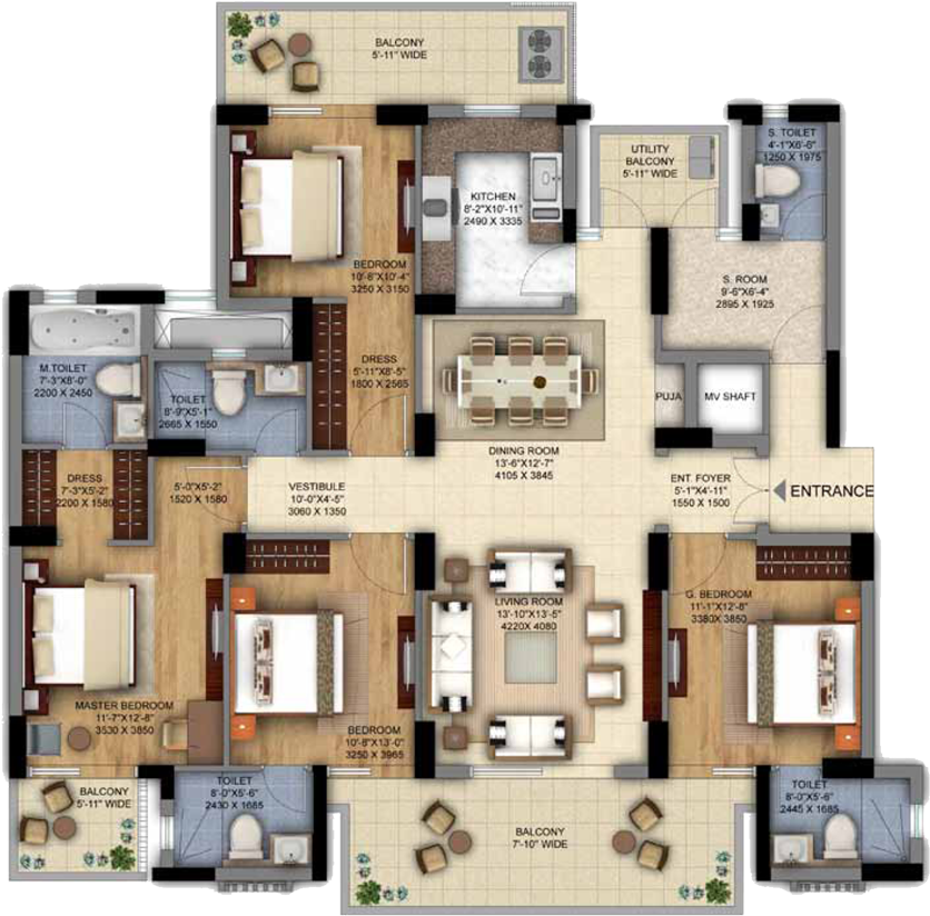 Large Size Simple Design 4 Unit Apartment Plans Full - Dlf Ultima Floor Plan (1000x850)
