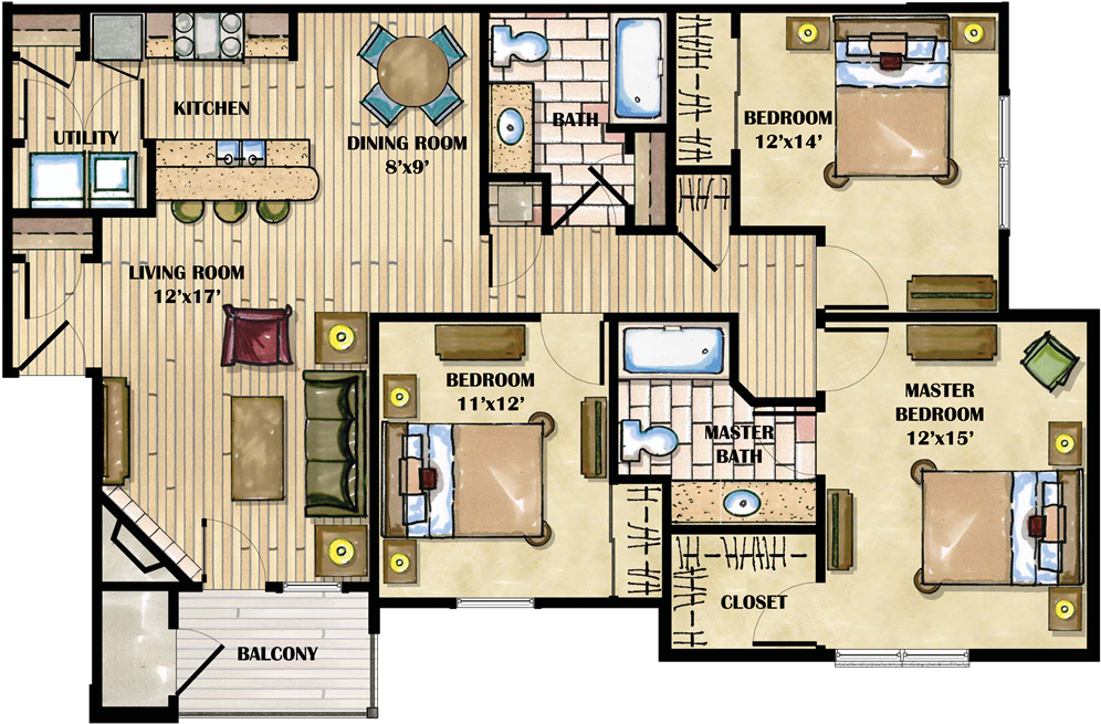 28 Collection Of Luxury Apartment Drawing - 3 Bedroom Apartment Floor Plan (1024x680)