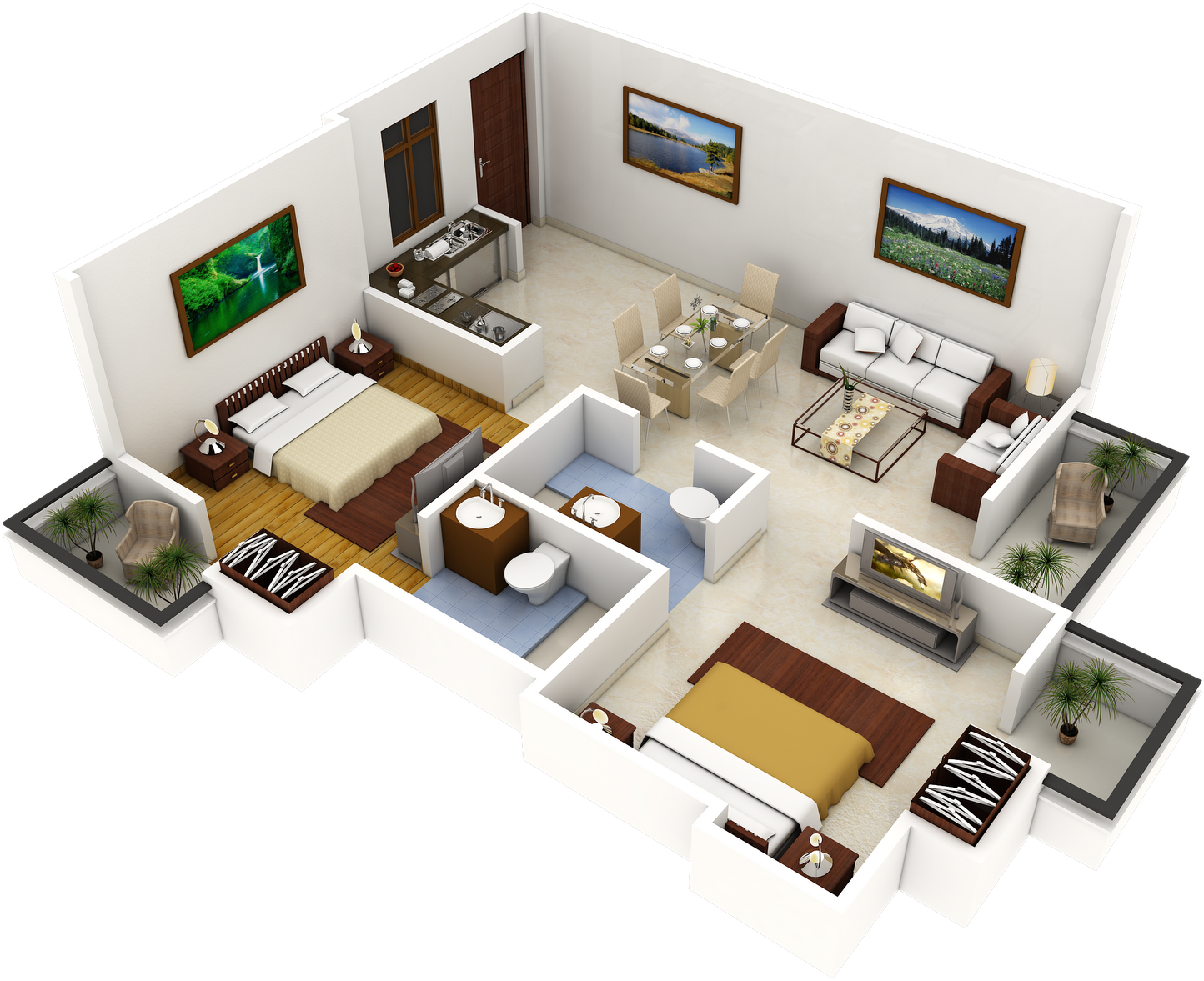 Modern Home Design With Two Bedrooms Features - New House 3d Plans - (1600x1200) Png Clipart Download