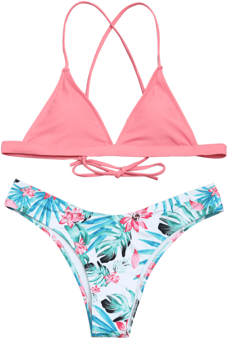 Zaful Women Cross Back Bikini Top With Leaf Print Bottoms - Bikini (558x744)