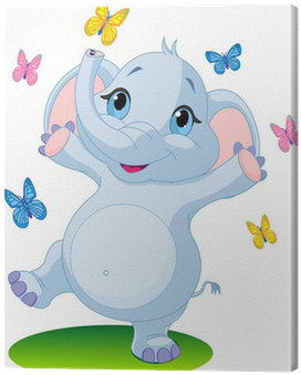 Baby Elephant Dancing With Butterflies Canvas Print - Cute Baby Elephant Cartoon (400x400)